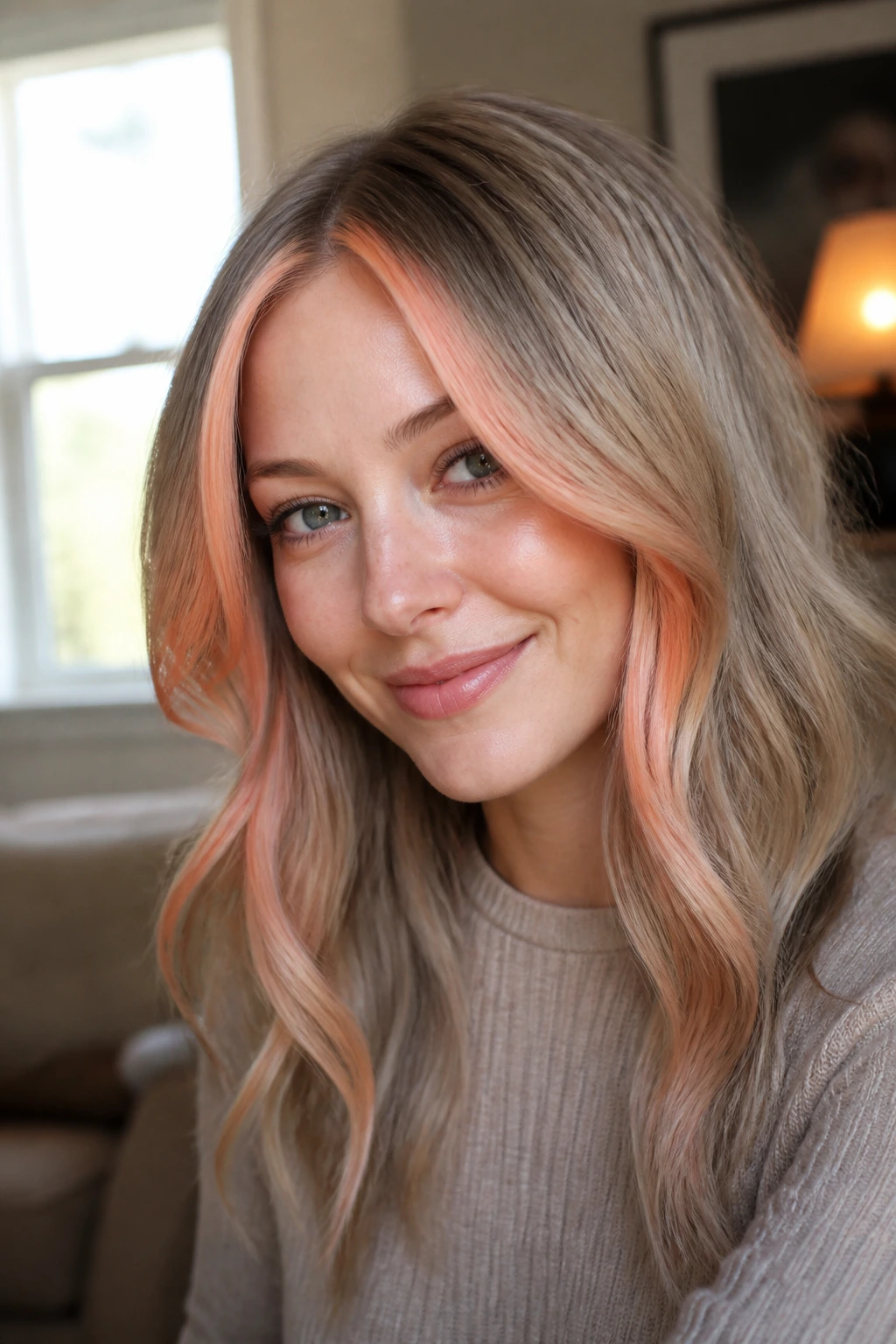 Close-up portrait of a real woman with a cool coral face frame and ash blonde hair in natural window light