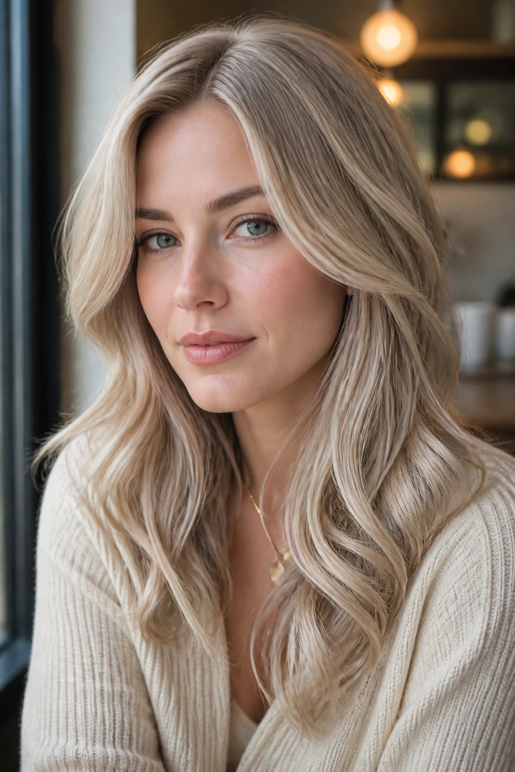 Close-up portrait of a woman with cool cream blonde hair and soft gloss
