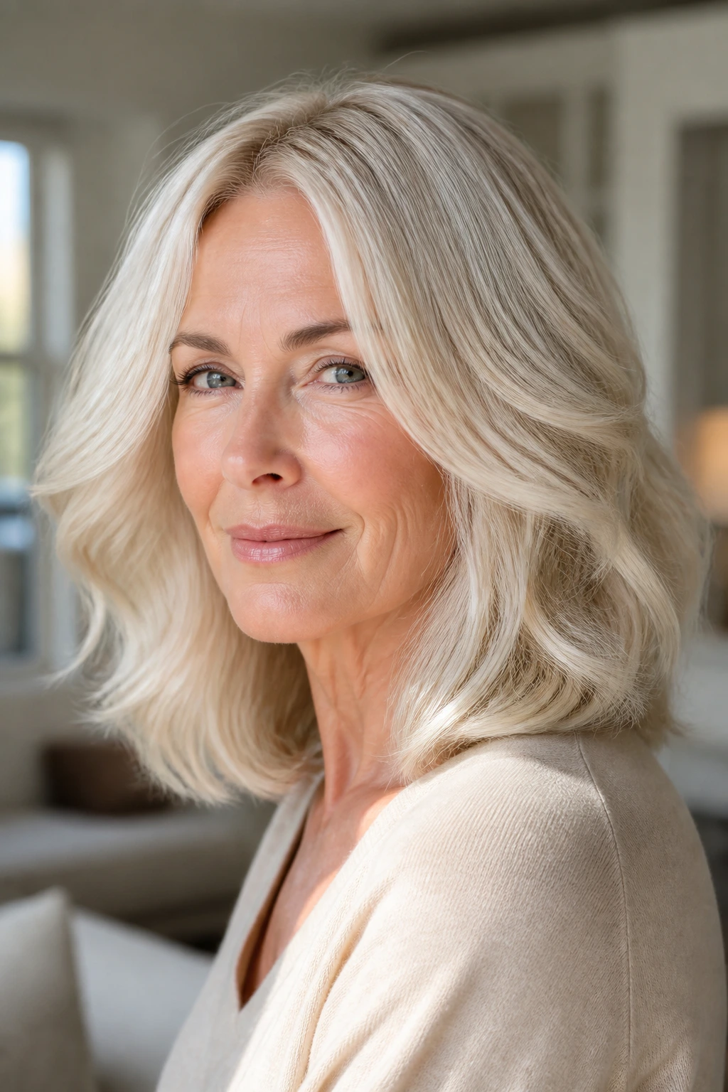 Portrait of a woman with cool cream blonde hair and satin finish in natural light