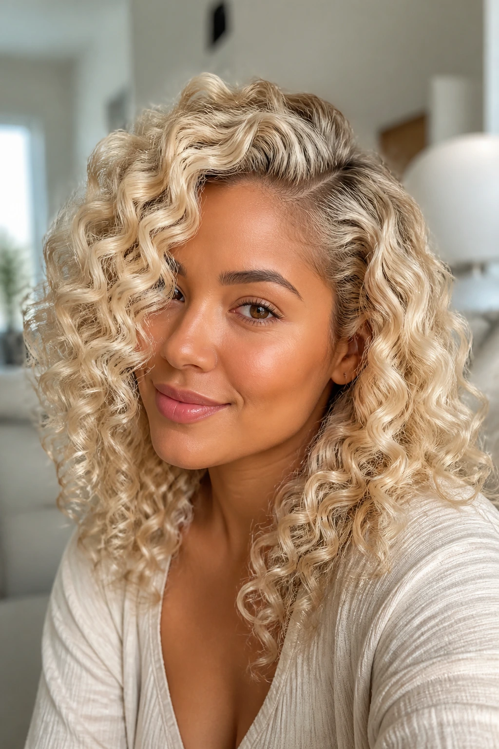 Close-up of a real woman with cool cream blonde ringlets and side part.