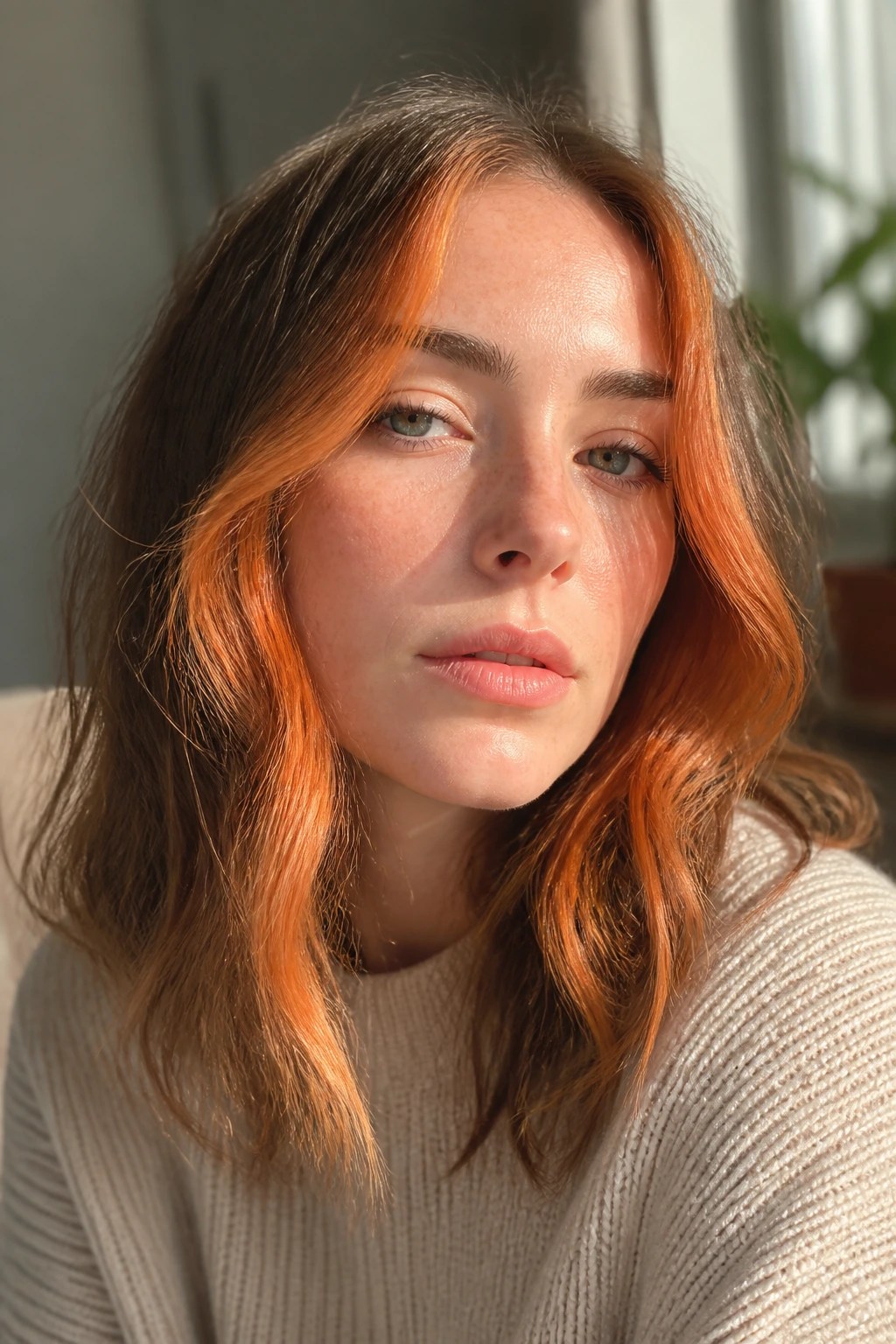 Portrait of a real woman with ginger money piece framing the face.