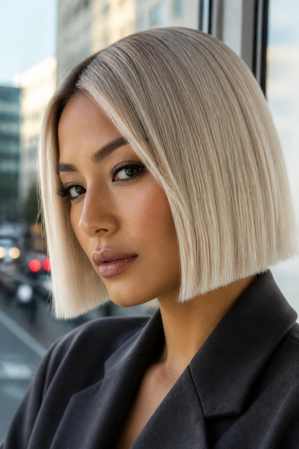 Real woman with cool-glow platinum bob in natural window light