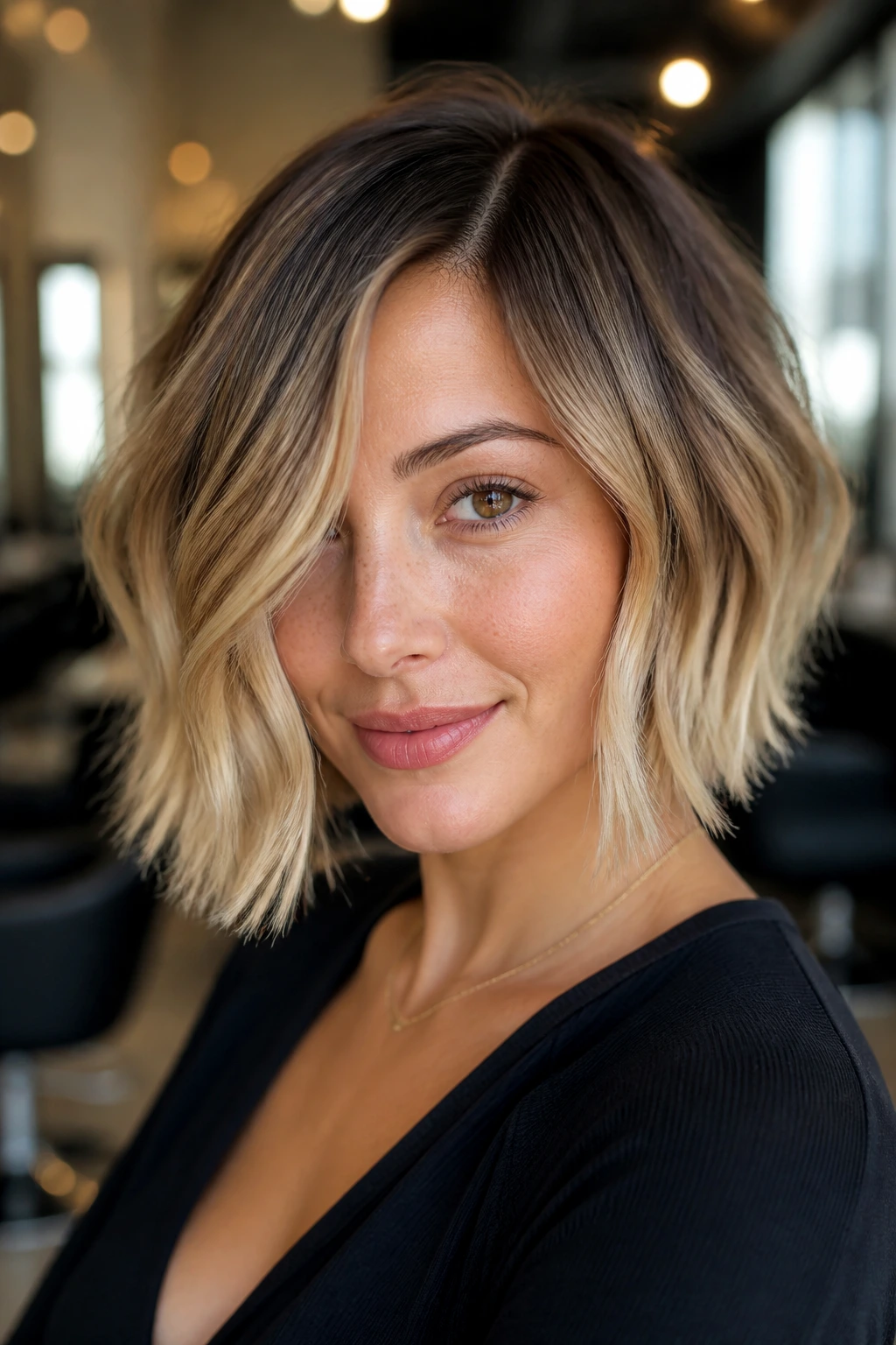 Portrait of a real woman with cool gold balayage bob and darker roots