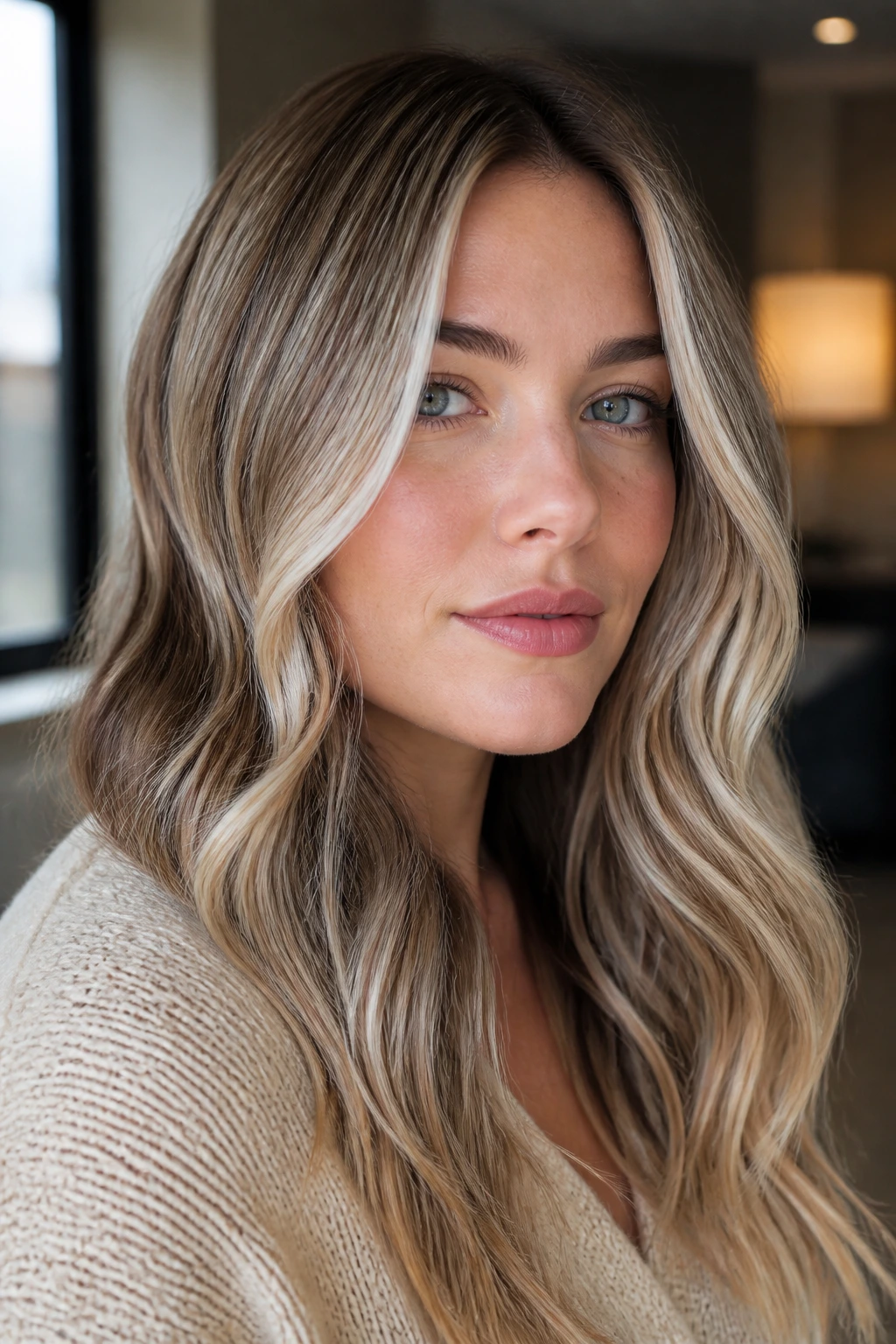 Close-up portrait of a woman with cool-toned gold hair and beige/pearl/ash lowlights near the face in natural window light.