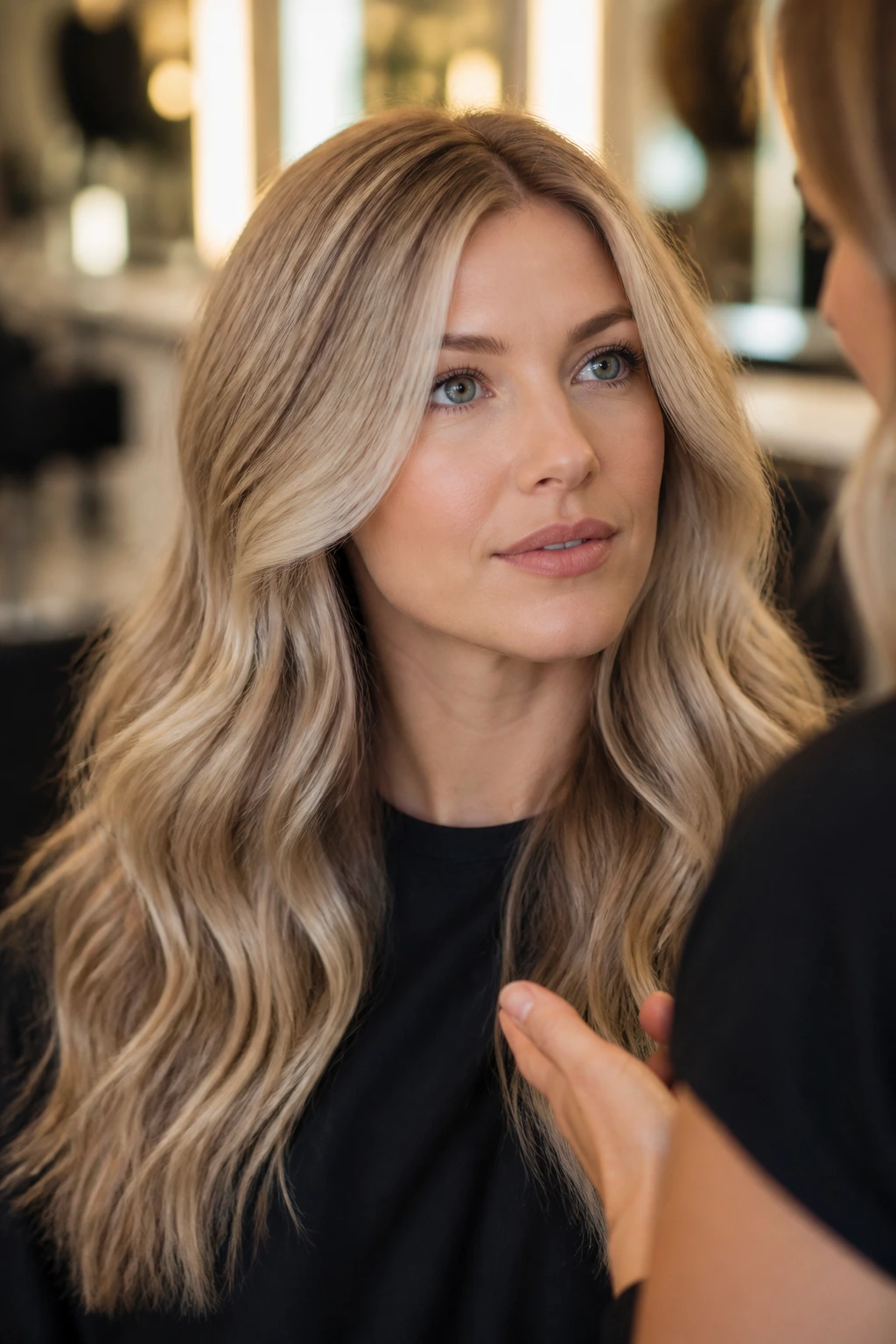 Portrait of a woman in a salon with cool-toned gold hair and subtle dimension during a consultation.