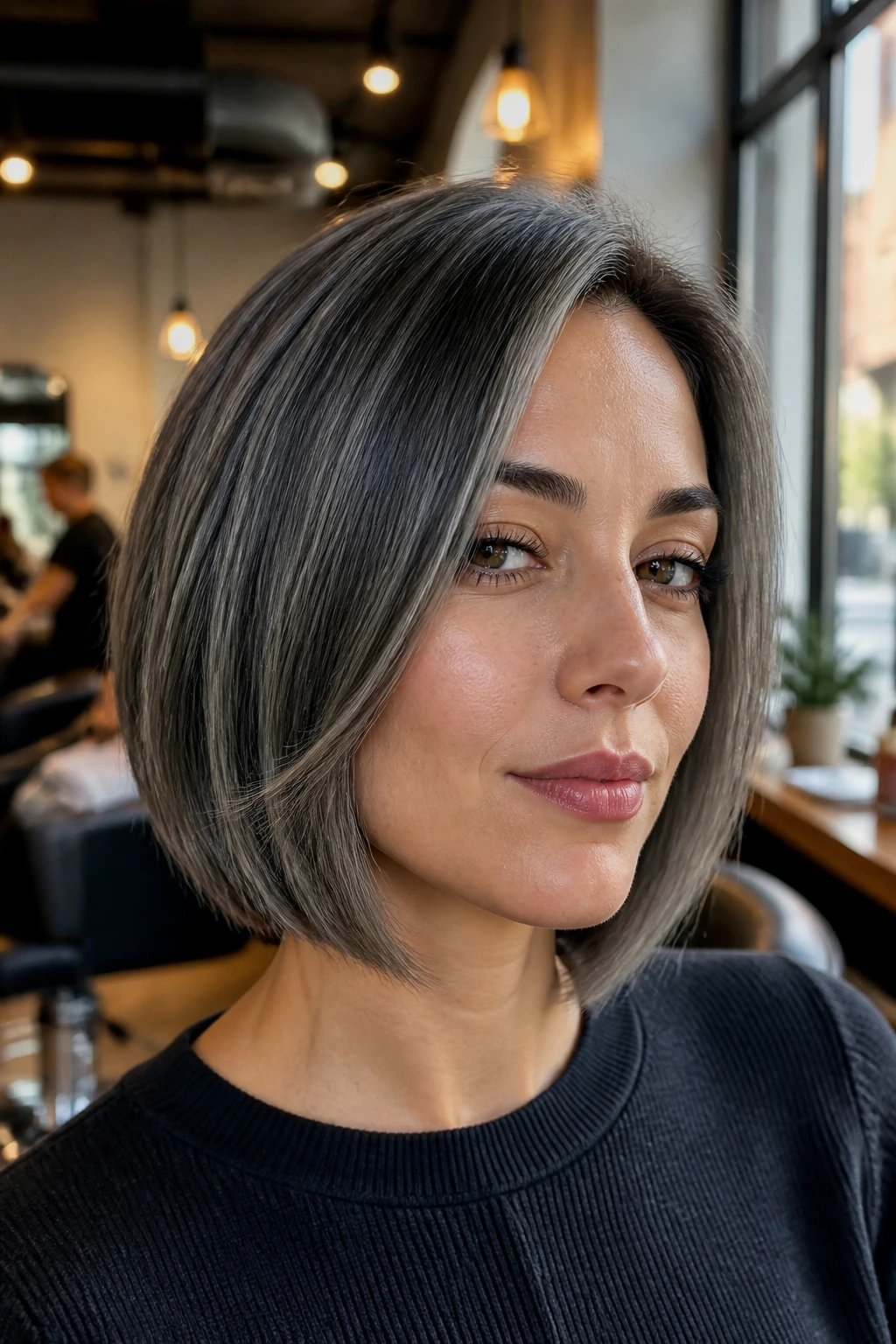 Portrait of a woman with a blunt bob in cool gray brunette finish