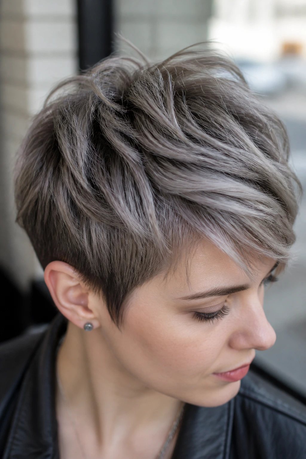 Short textured cut with a cool grey blend