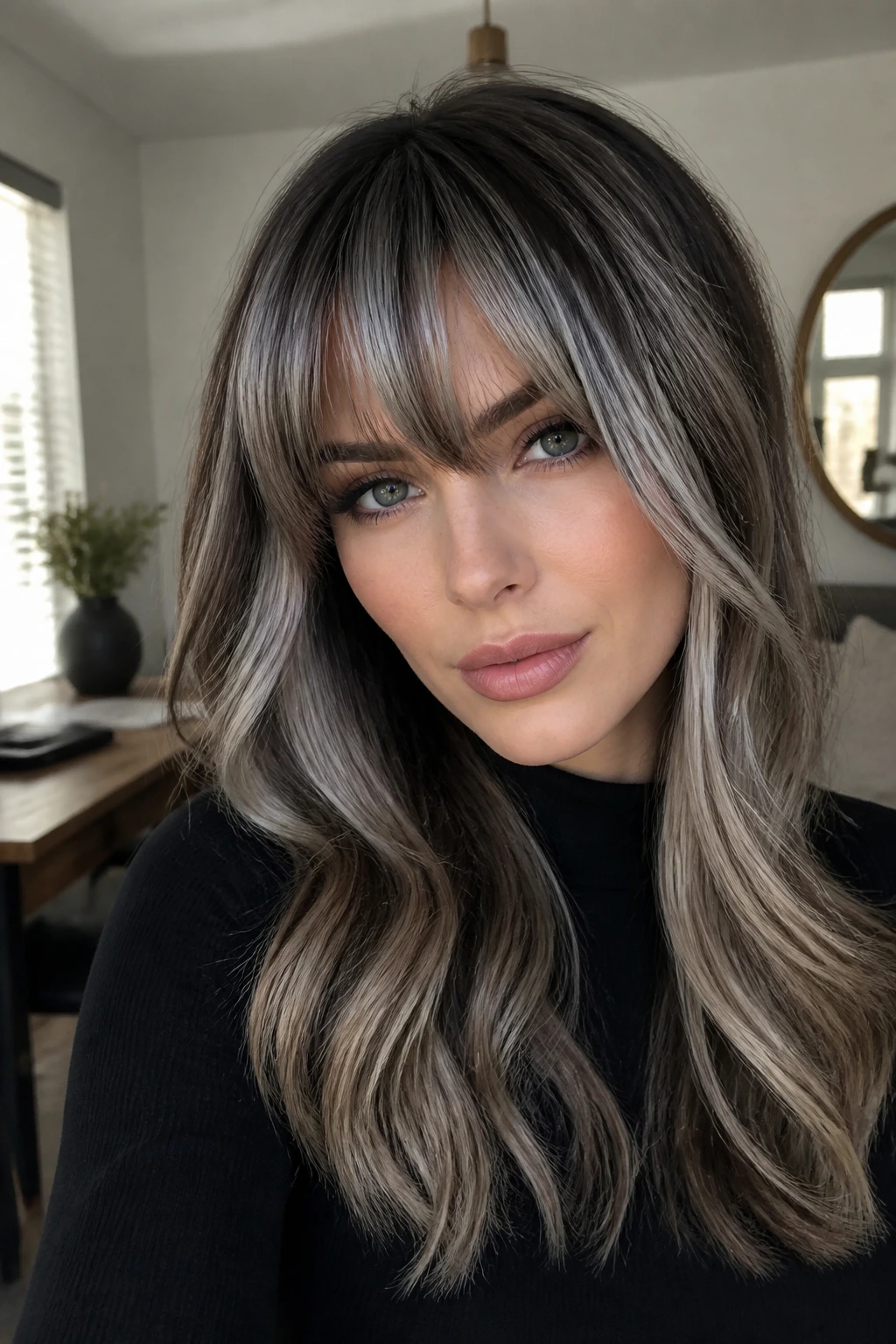 Portrait of a person with cool-toned highlights and bangs framing the face.