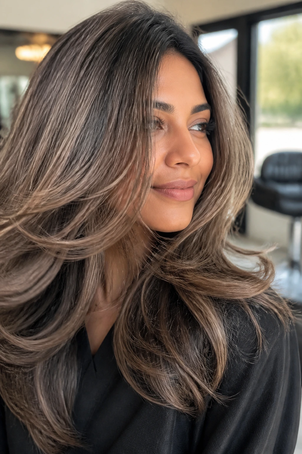 Close-up of a real woman with medium skin tone, layered hair, and mushroom taupe highlights in motion