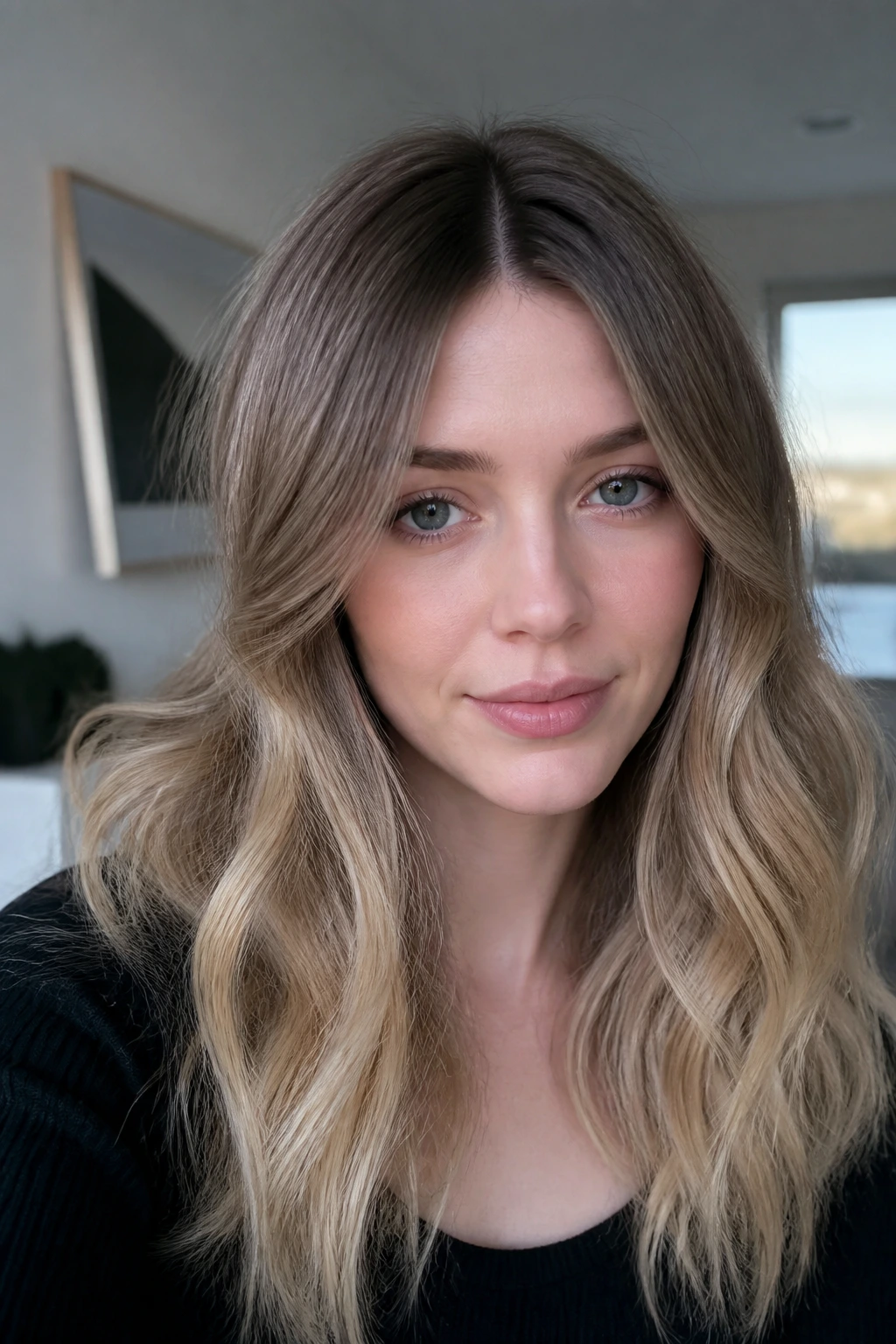 Close-up of a real person with ash-crowned cool honey hair