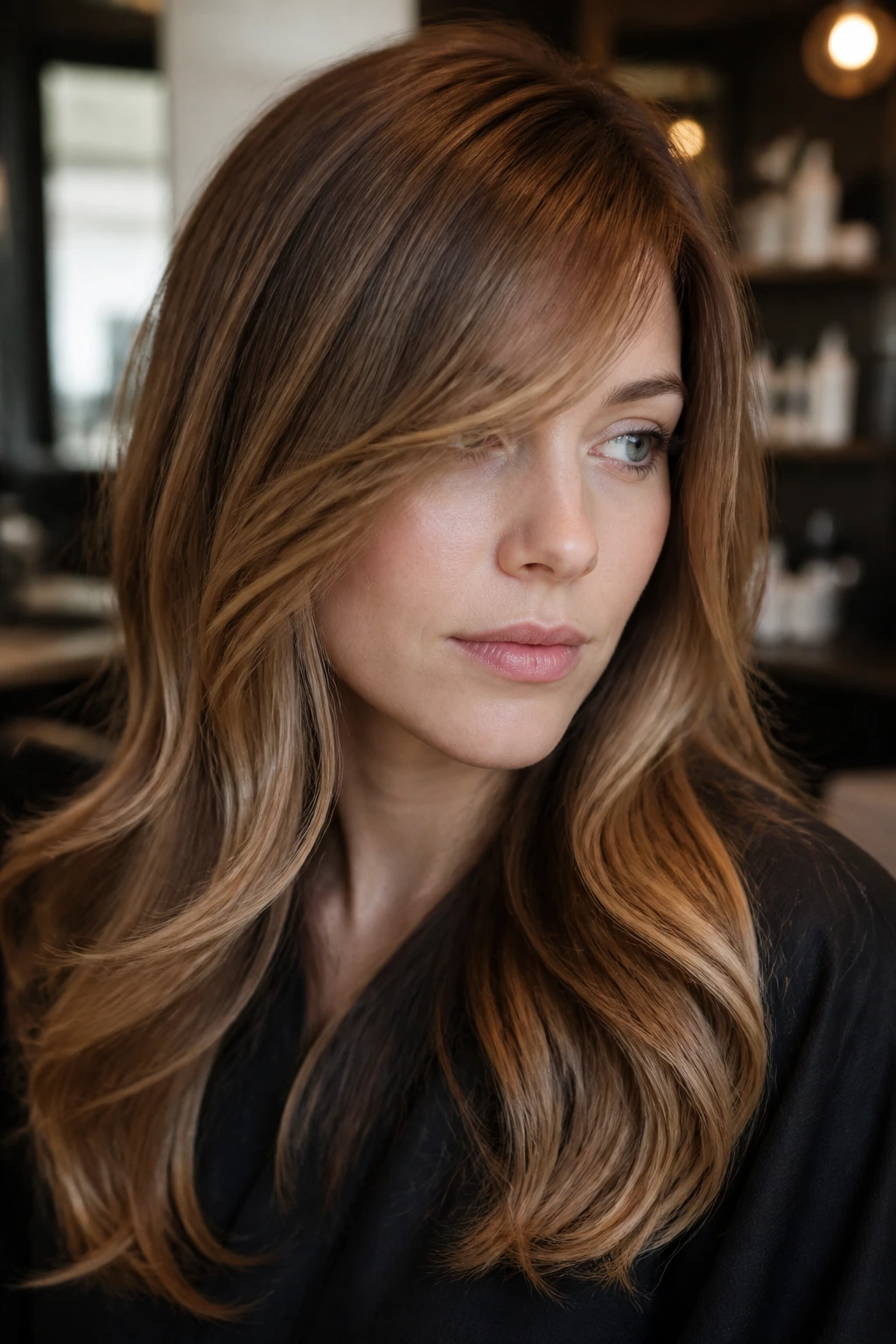 Portrait of a woman with cool honey brown balayage and diagonal bangs in a salon.