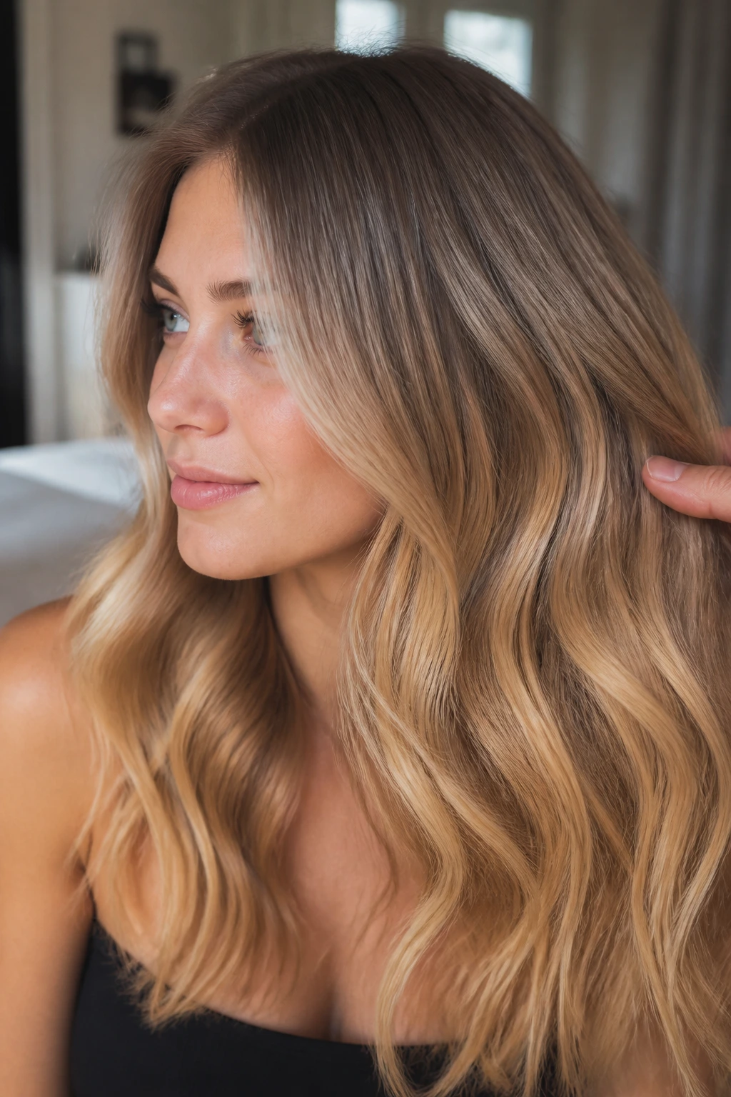 Close-up portrait of cool honey gold melt hair with cool roots and warm mid-lengths