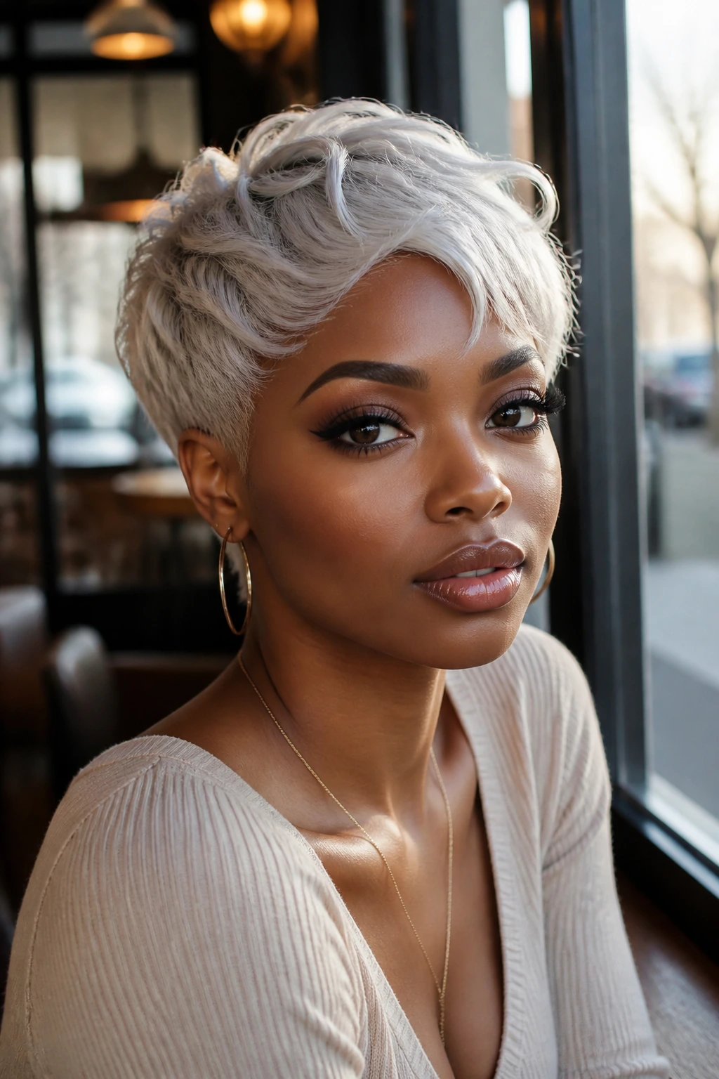 Portrait of a person with cool ice platinum hair in a cafe window setting showing variation in tone and style.