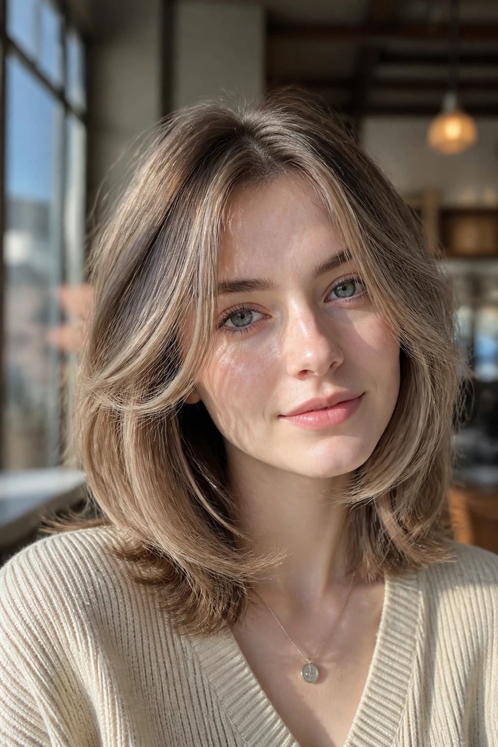 Close-up portrait of a real person with cool latte layered hair in a sunlit cafe setting.