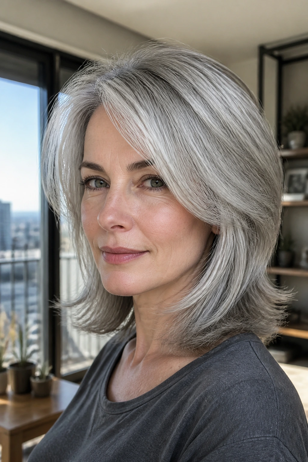 Real person with layered silver hair shown in soft cool light