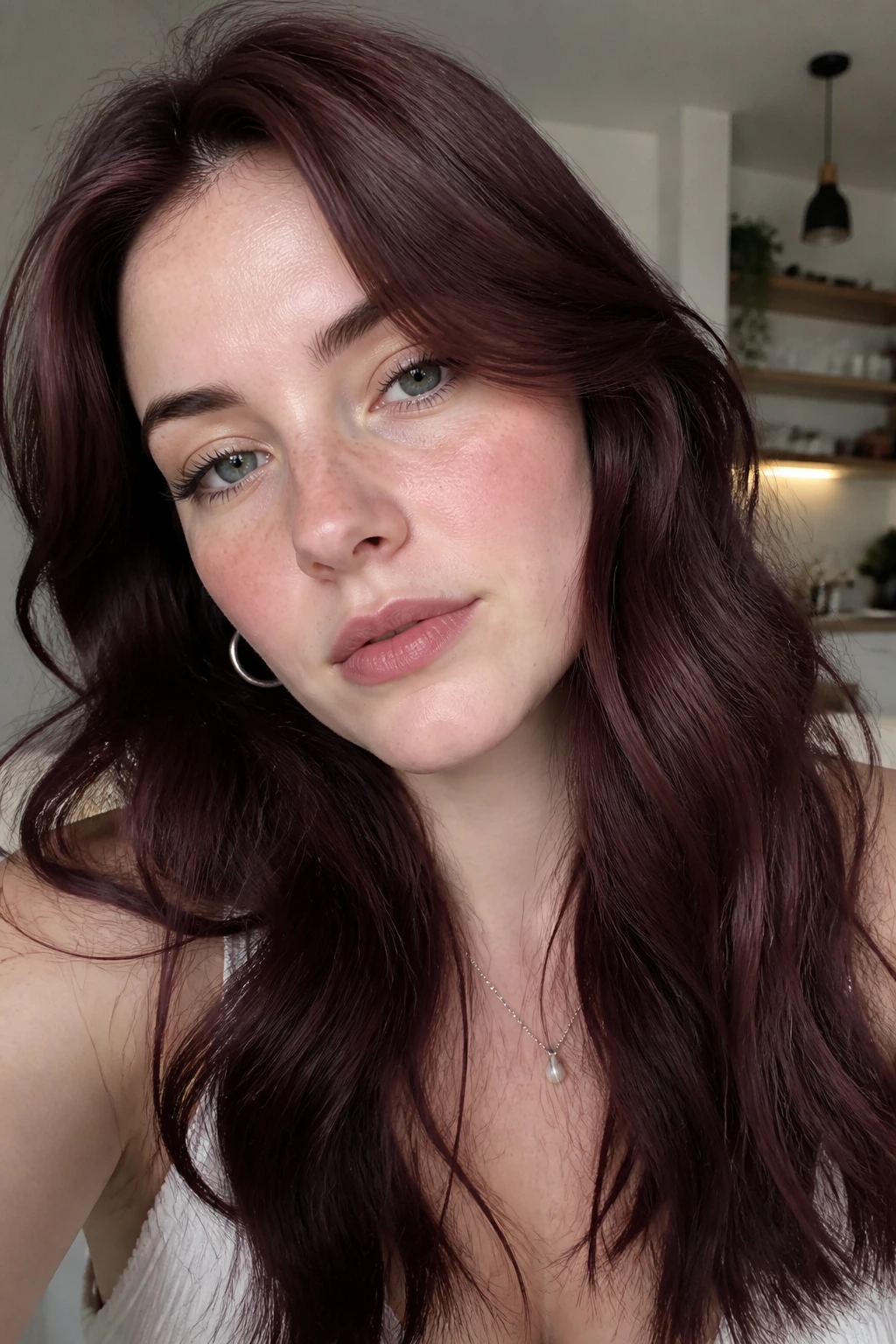 Portrait of a real woman with cool-toned mahogany hair and pink undertones.