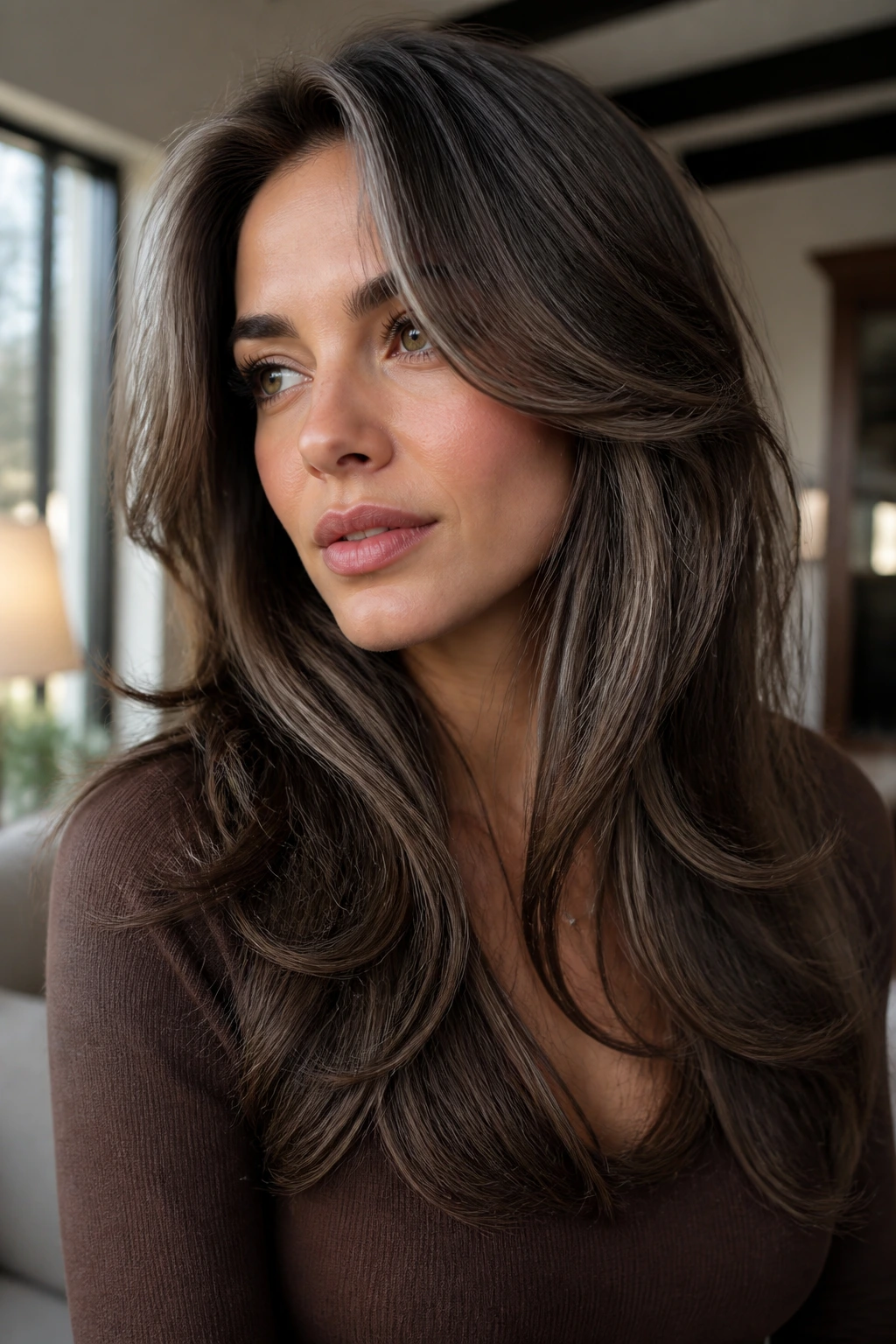 Close-up portrait of a real woman with cool mocha butterfly cut, gray-brown tones