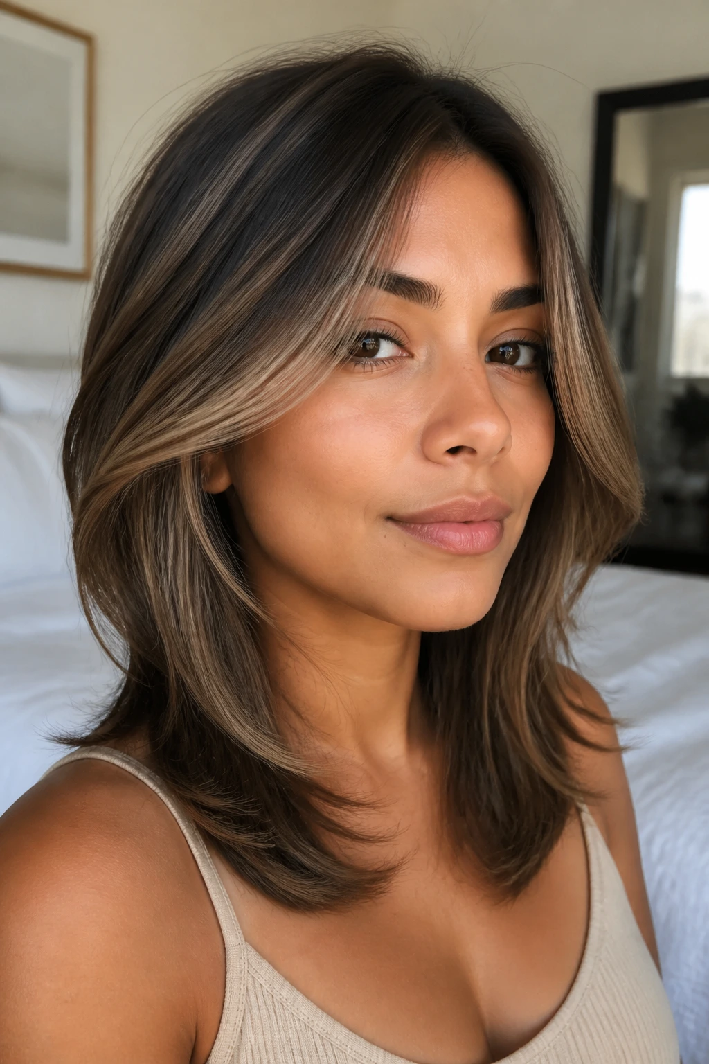 Close-up of a real person with cool mocha contour highlights