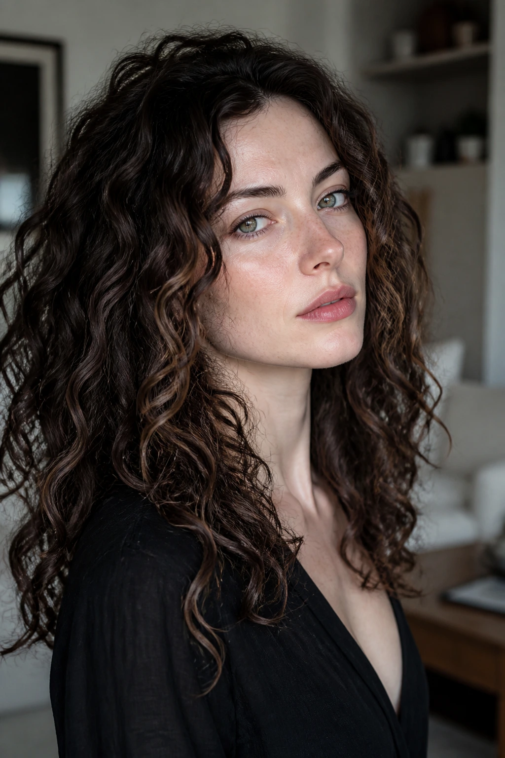 Close-up portrait of a real woman with pale skin and cool mocha lowlights in curls
