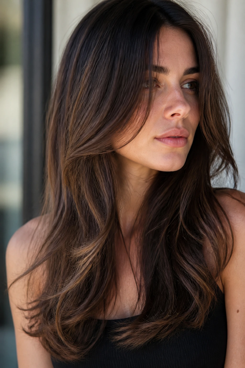 Long layered hair with cool mocha depth at the ends