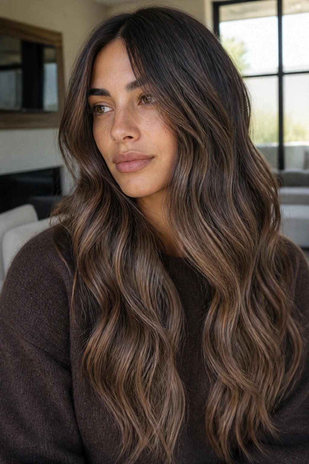 Portrait of a person with cool mocha melt hair showing a cool root to mocha gradient
