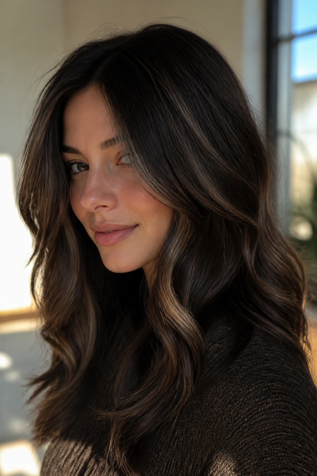 Close-up of a real person with cool mocha ribbons in dark brown hair around the face.