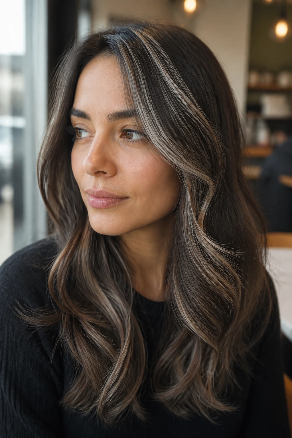 Portrait of brunette with cool mocha base and silver highlights at crown and temples.