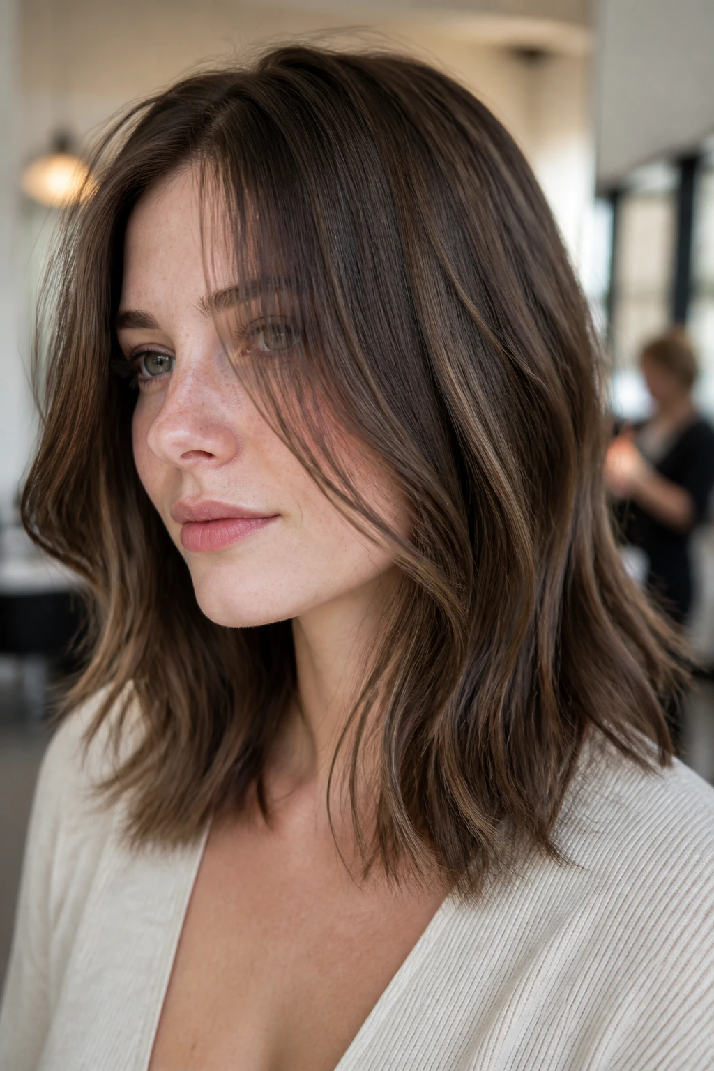 Close-up of cool mocha veil lowlights on fair skin