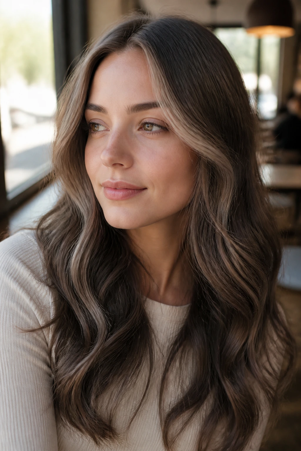 Woman with cool mocha waves and a beige-ash money piece framing the face.