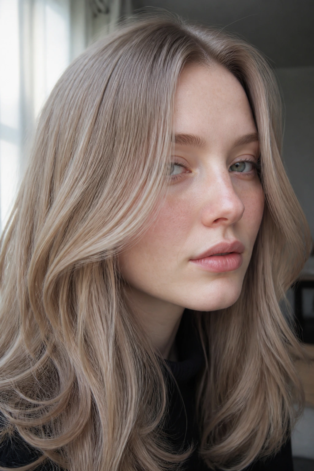 Pale-skinned woman with cool ash-beige blonde and darker roots