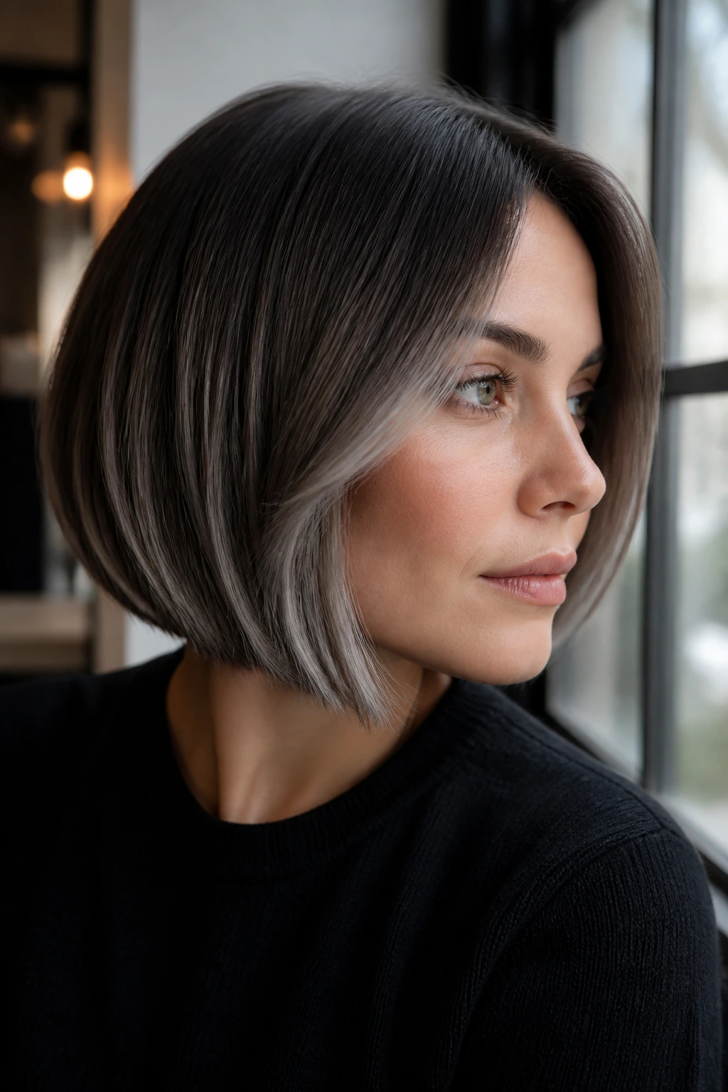 Close-up portrait of a person with cool mushroom bob and grey balayage