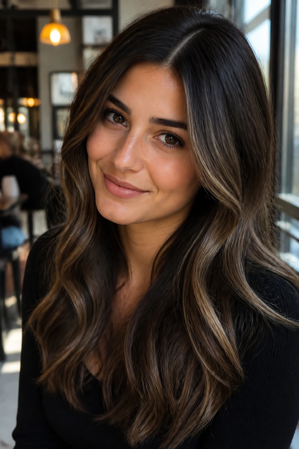 Close-up of cool neutral streaks in dark hair against a bright window-lit cafe backdrop