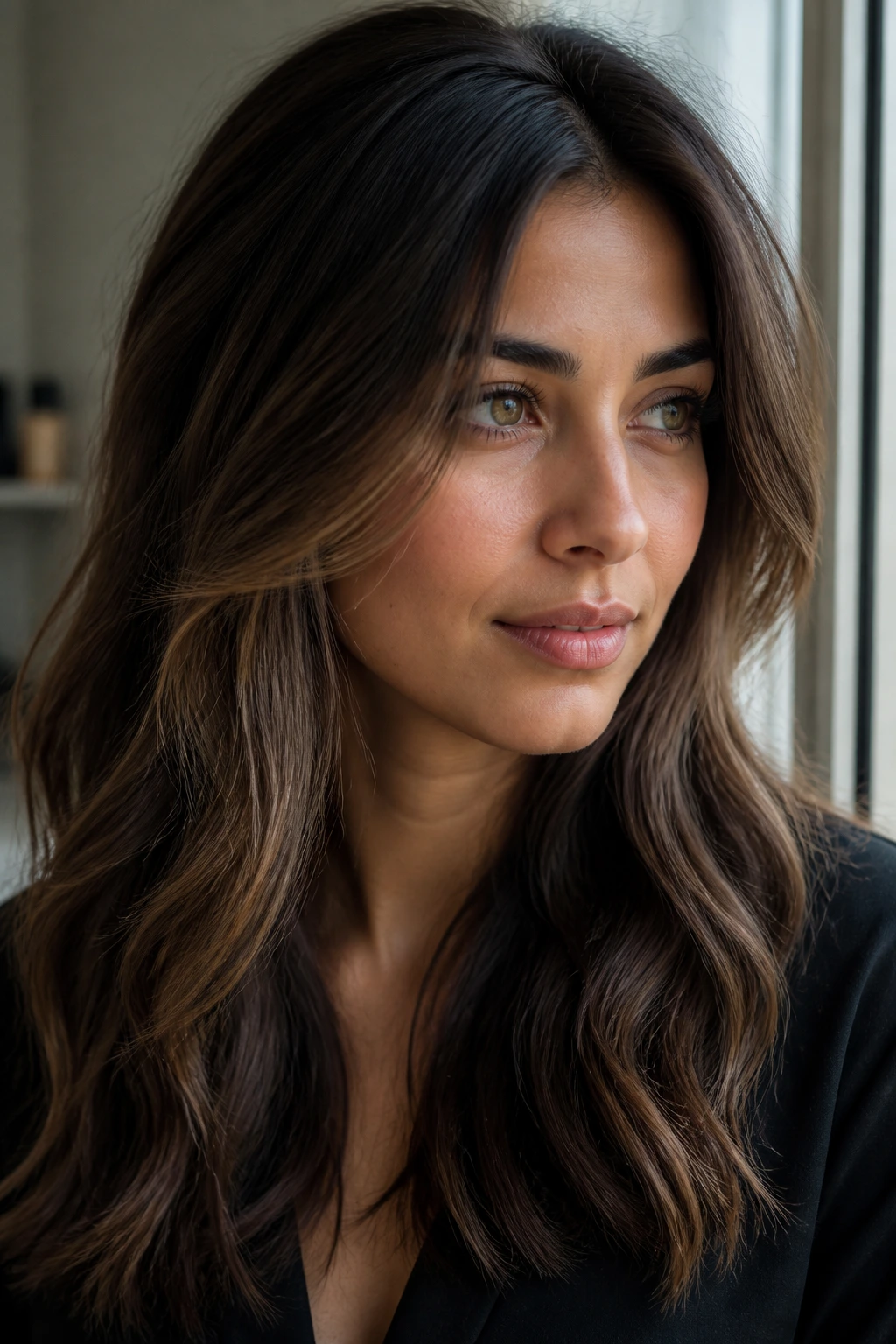 Close-up portrait of a person with cool olive skin and muted bronze hair depth by a window
