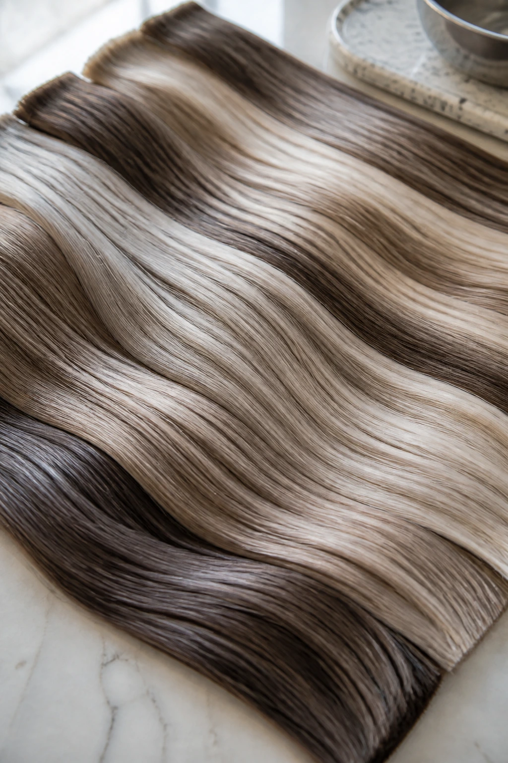Close-up of cool-toned hair color swatches arranged on a surface.