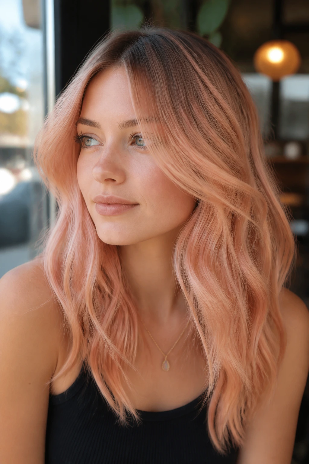 Close-up of a real person with cool peach balayage