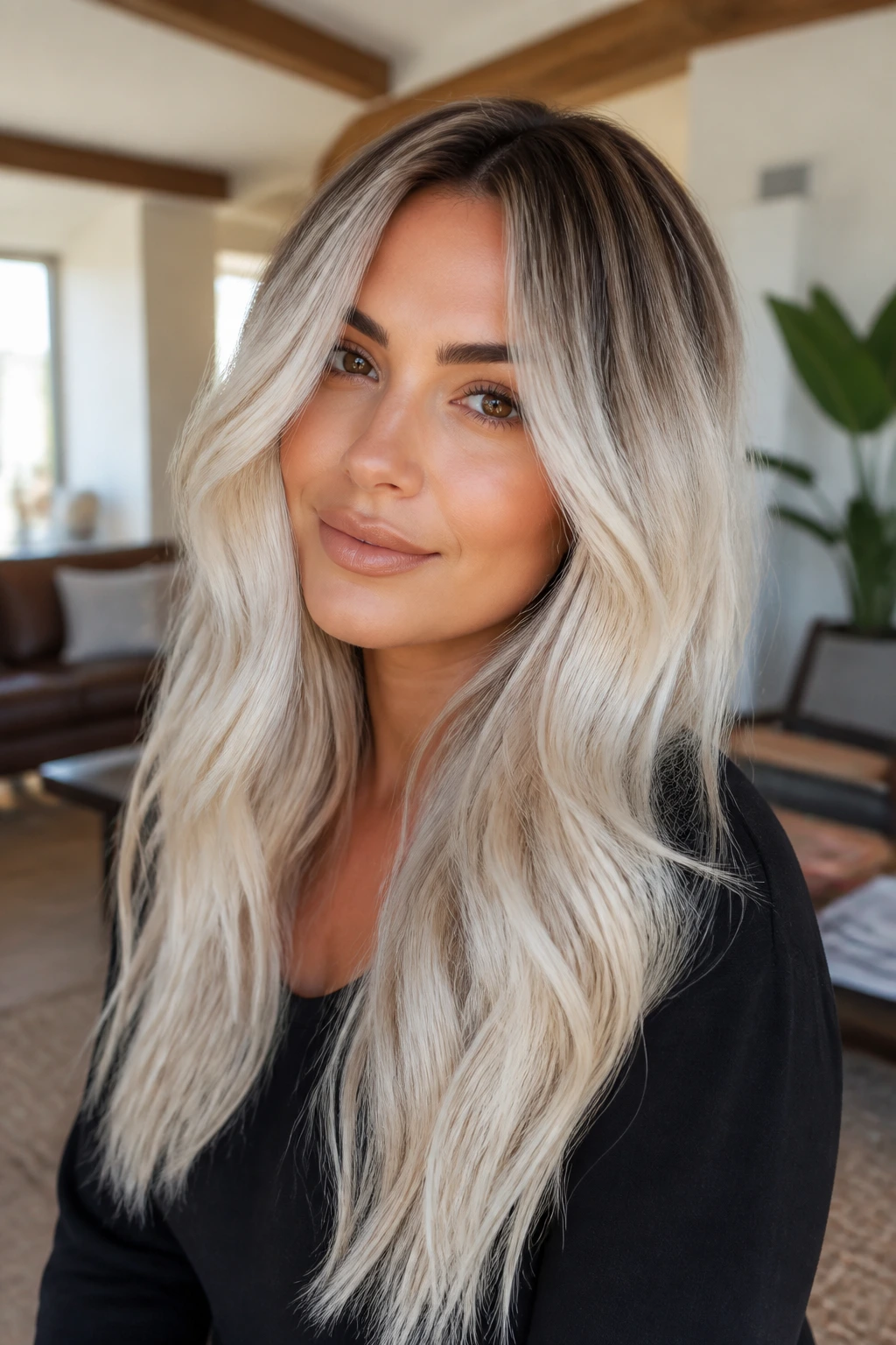Close-up of real person with cool platinum ends and warm root blur