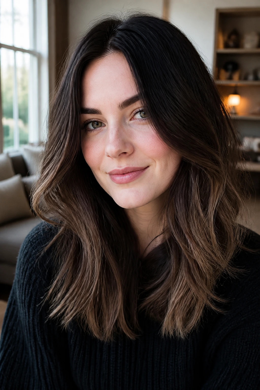 Close-up of a real woman with cool roast brown hair and lived-in ends under natural window light