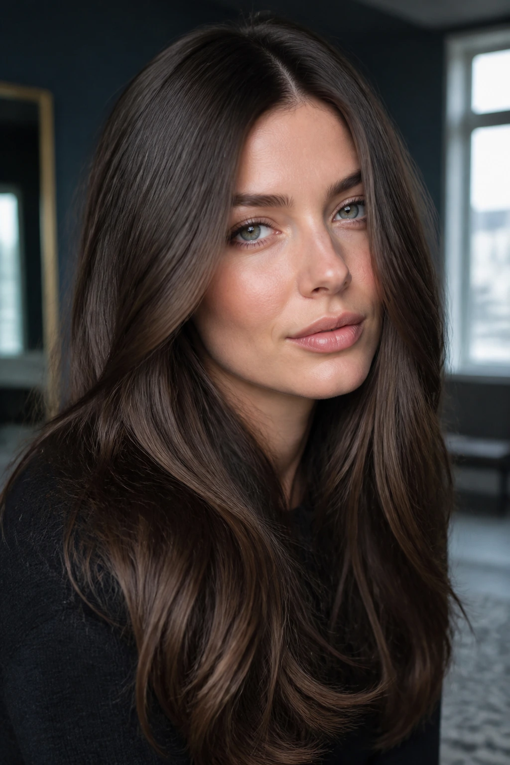 Portrait of a real woman with cool sable brown hair in a center part