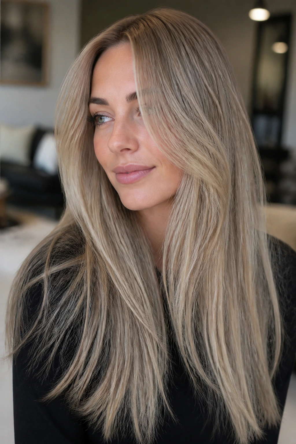 Close-up of real woman with cool sand blonde hair and low brass in a neutral-lit living room.