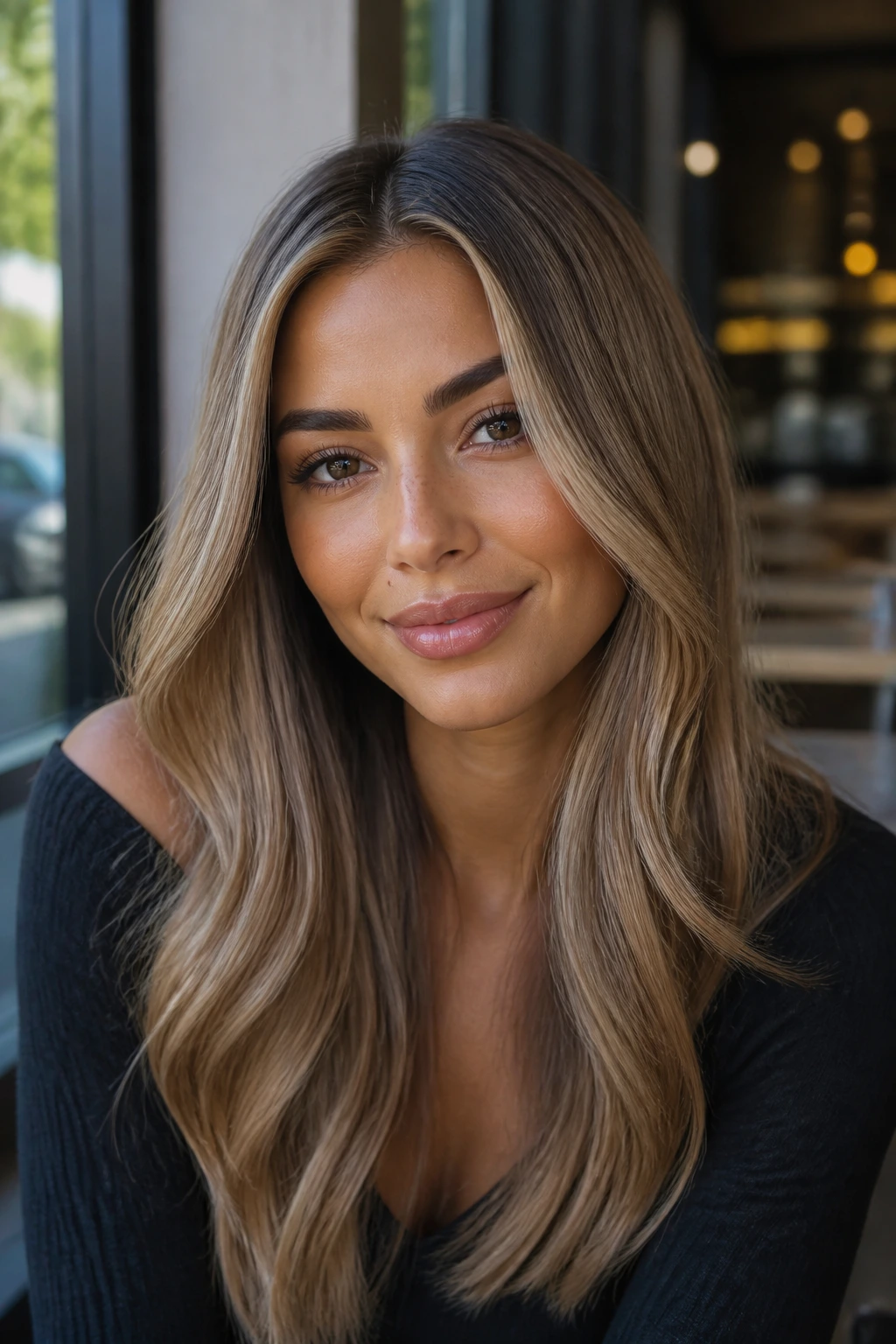 Real woman with cool sand dark blonde hair in sleek waves by cafe window