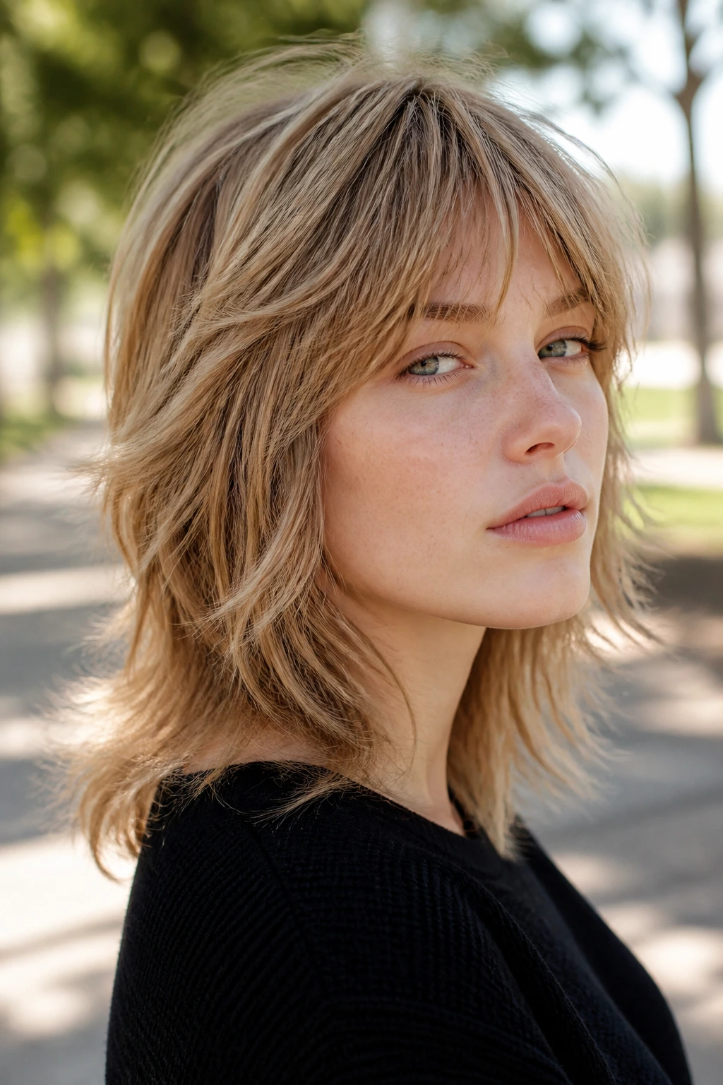 Close-up of a real woman with cool sand dark blonde shag hairstyle in an outdoor setting