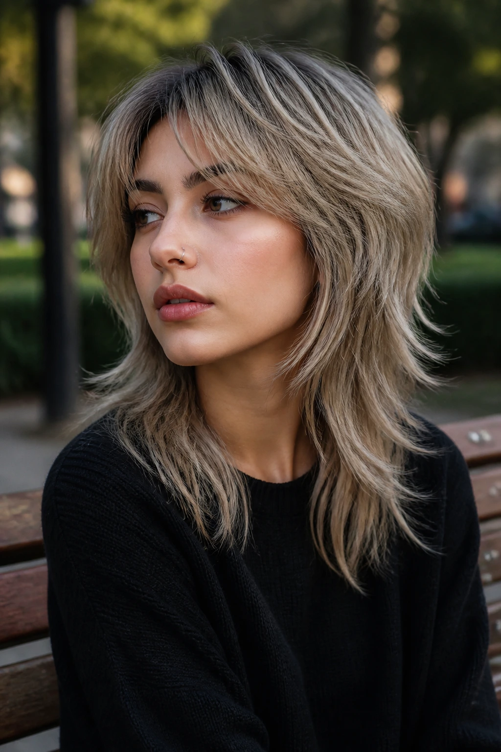 Close-up of a woman with a cool sand wolf cut showing uneven layers in outdoor afternoon light