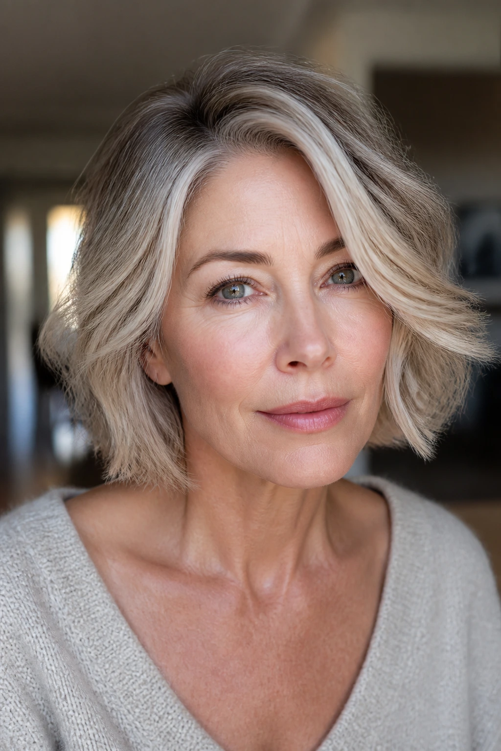 Close-up portrait of a woman with ash, pearl, silver, and mushroom blonde hair showing cool-toned shades.