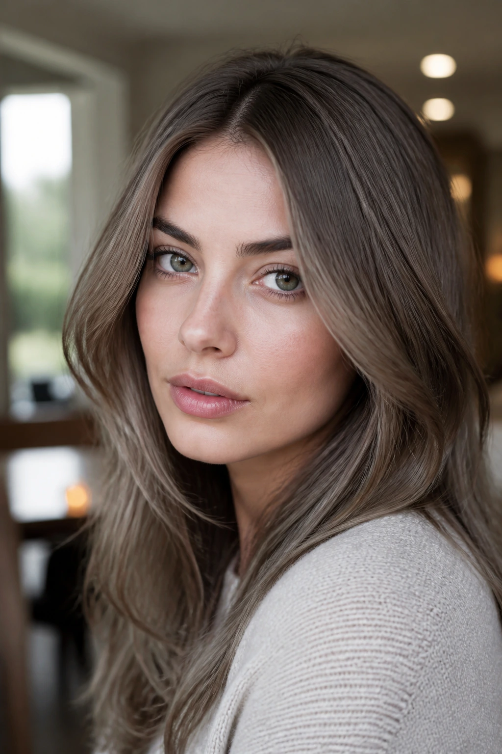 Close-up portrait of a person with cool-toned skin and ash-beige mushroom hair