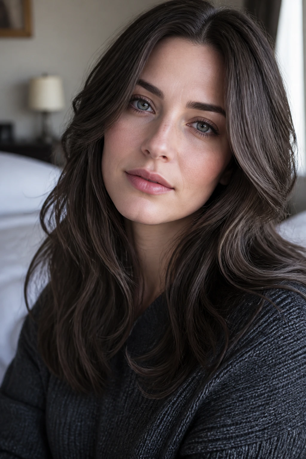 Close-up portrait of a woman with cool skin and ash brunette hair showcasing cool undertones