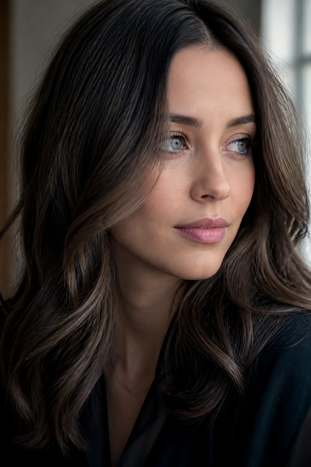 Close-up of brunette with cool-toned skin and smoky blue-based dark brown lowlights