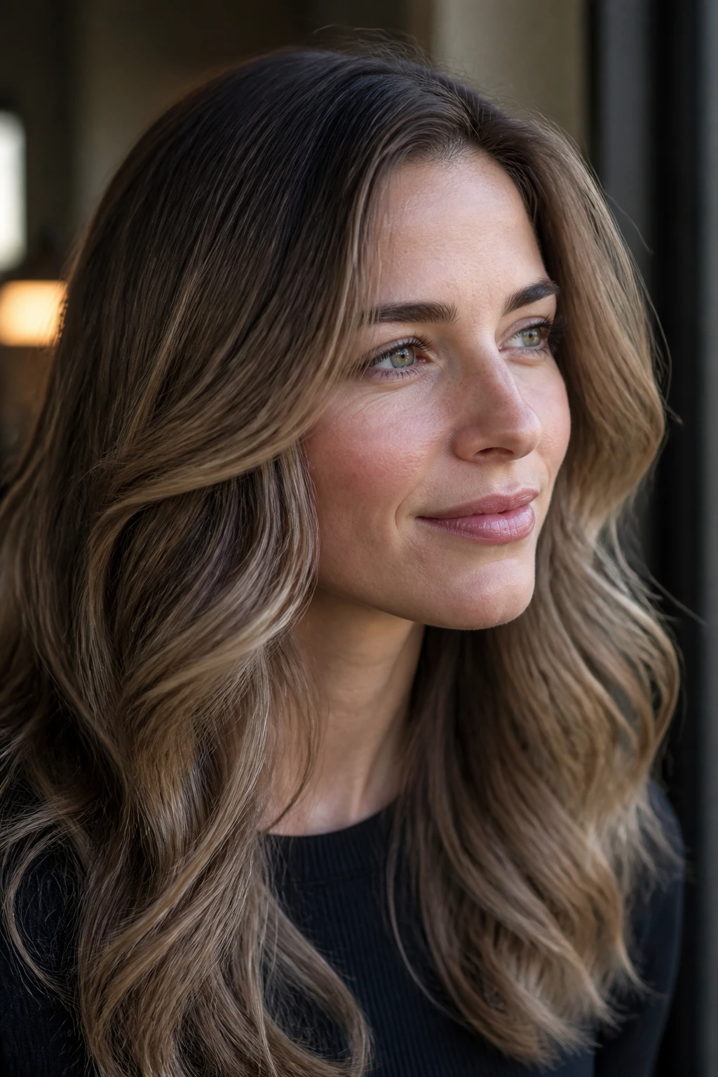Portrait showing beige ash taupe caramel on cool skin