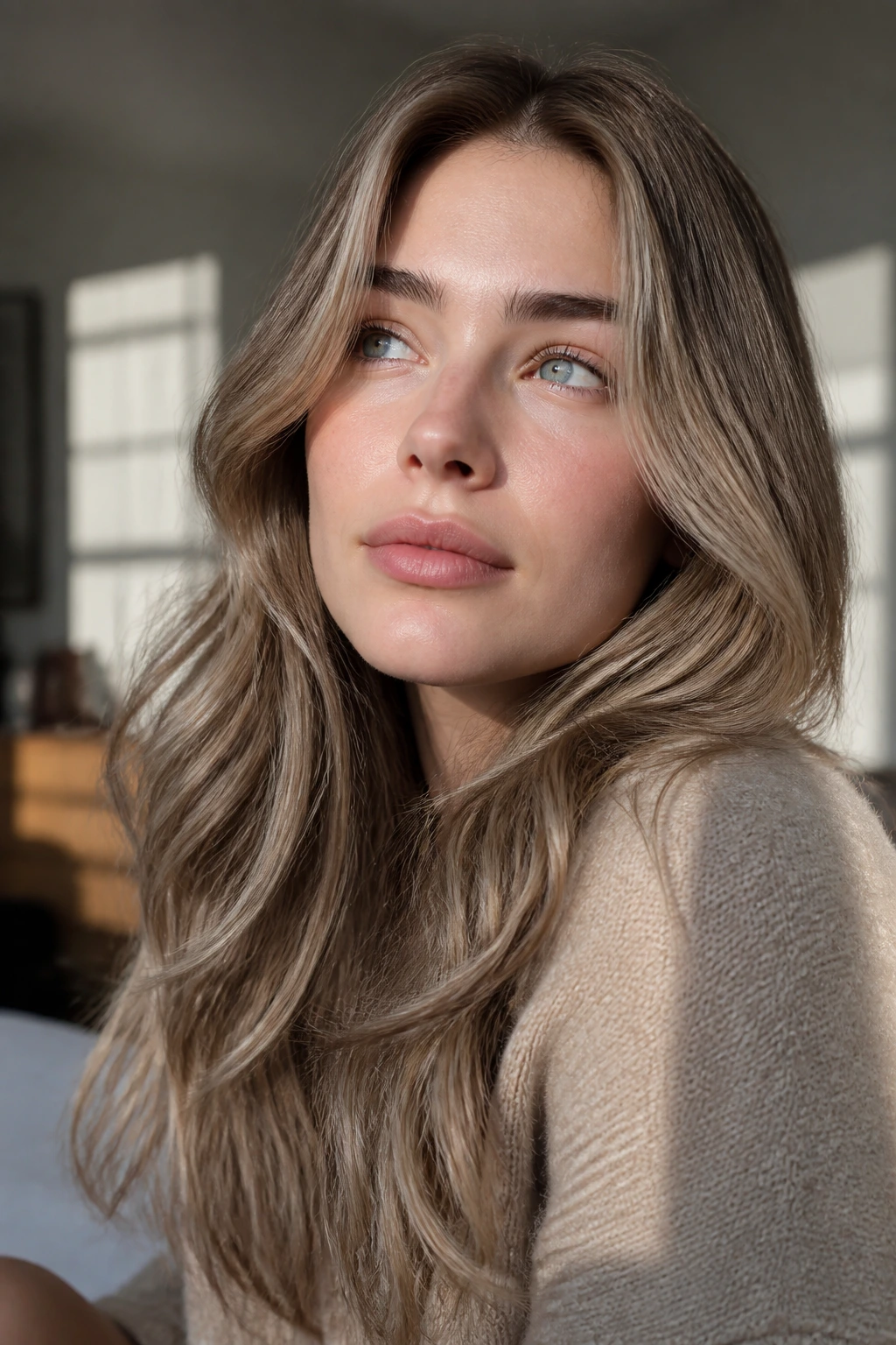Close-up of a person with beige-ash caramel hair in natural daylight