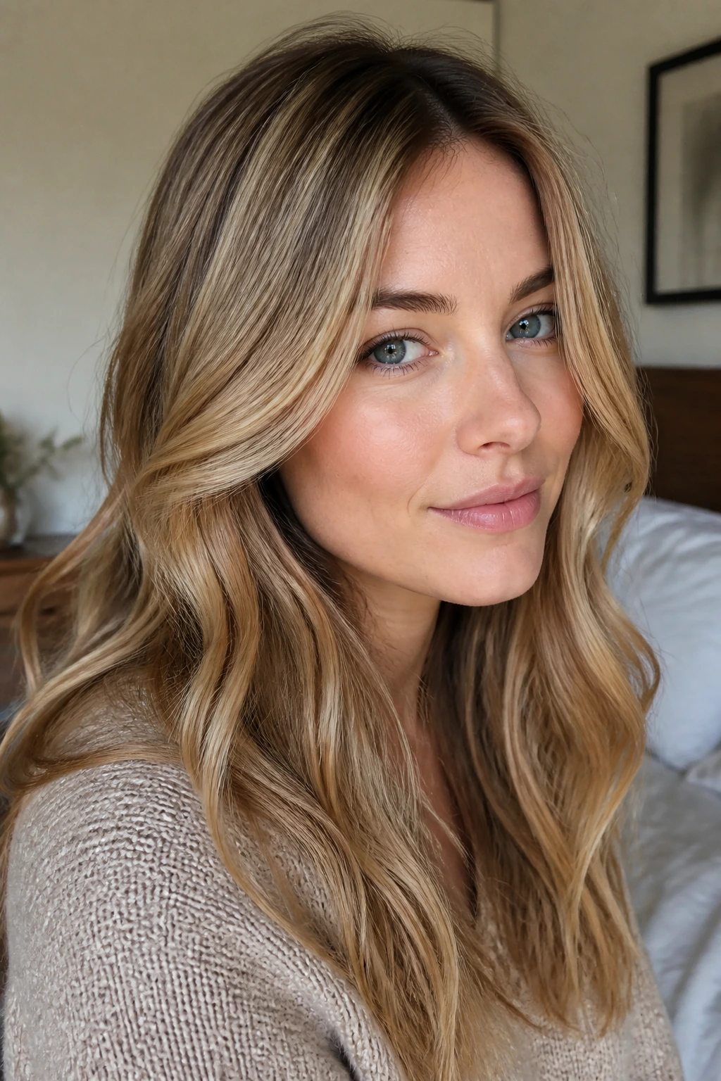 Close-up portrait of a real woman with cool skin tones and dark honey blonde hair demonstrating beige warmth
