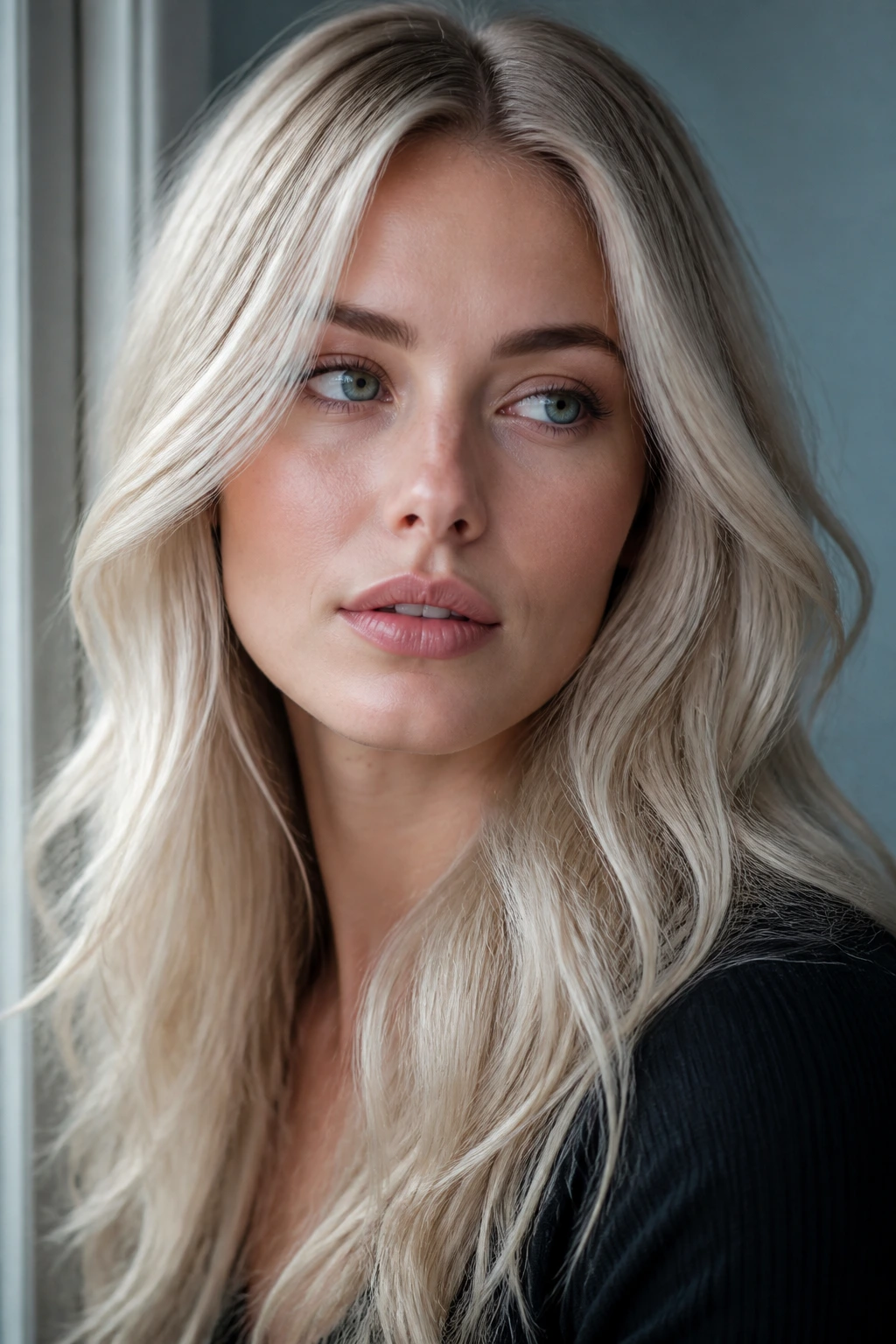 Portrait of a person with cool-toned skin and icy blonde hair in natural window light